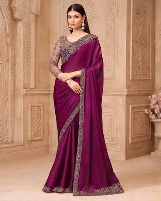 Rich wine satin georgette saree with brocade blouse 1