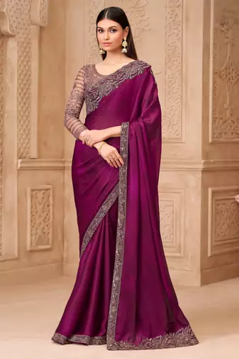 Rich wine satin georgette saree with brocade blouse