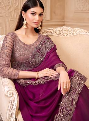Rich wine satin georgette saree with brocade blouse 2