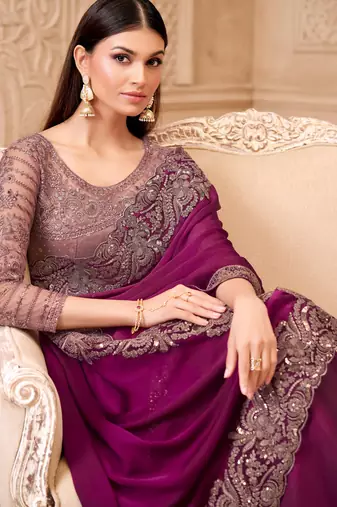 Rich wine satin georgette saree with brocade blouse