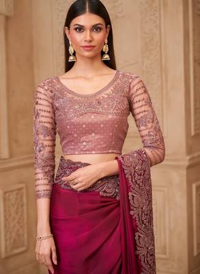 Rich wine satin georgette saree with brocade blouse 3