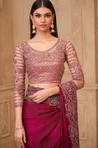 Rich wine satin georgette saree with brocade blouse