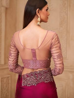 Rich wine satin georgette saree with brocade blouse 4