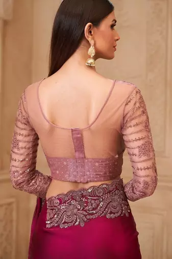 Rich wine satin georgette saree with brocade blouse