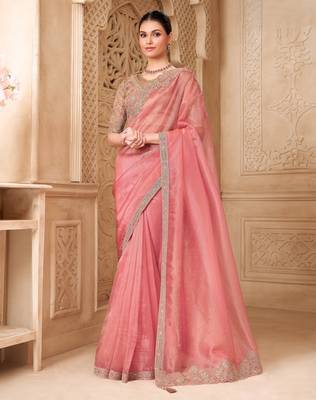 Gold pink tissue georgette saree with brocade blouse 1