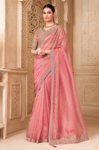 Gold pink tissue georgette saree with brocade blouse