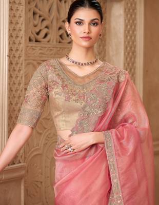 Gold pink tissue georgette saree with brocade blouse 2