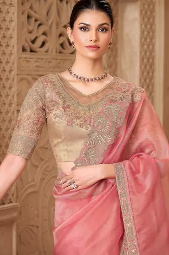 Gold pink tissue georgette saree with brocade blouse