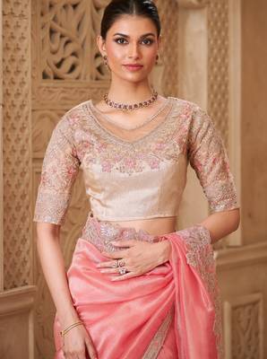 Gold pink tissue georgette saree with brocade blouse 3