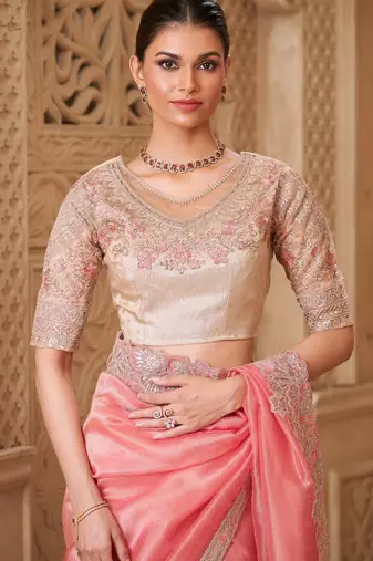 Gold pink tissue georgette saree with brocade blouse