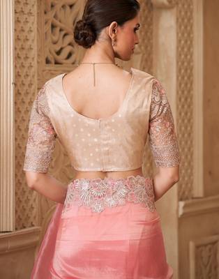 Gold pink tissue georgette saree with brocade blouse 4