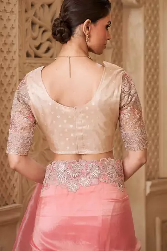 Gold pink tissue georgette saree with brocade blouse