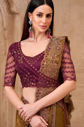Twinkle satin georgette saree with tussar silk blend blouse
