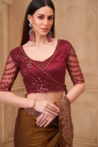 Twinkle satin georgette saree with tussar silk blend blouse