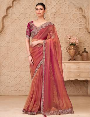 Gold sparkle georgette silk blend saree with satin silk blend blouse 1