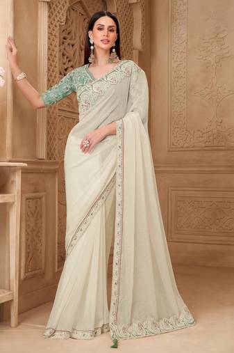 Powder white georgette silk saree with satin silk blouse