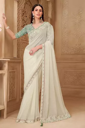Powder white georgette silk saree with satin silk blouse