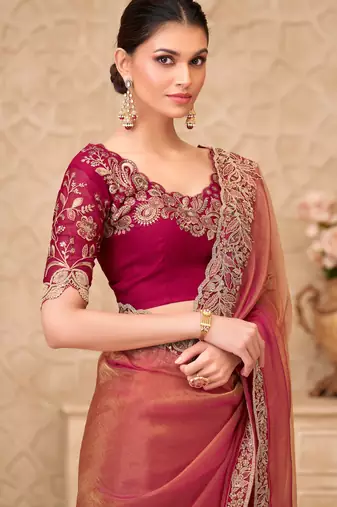 Gold sparkle georgette silk blend saree with satin silk blend blouse