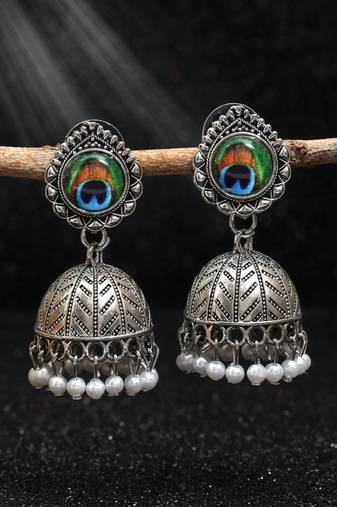 Silver color peacock feather oxidised earrings