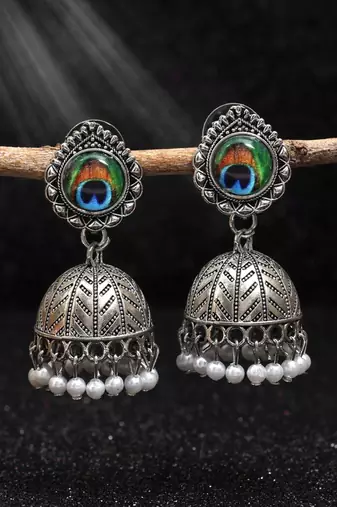 Silver color peacock feather oxidised earrings