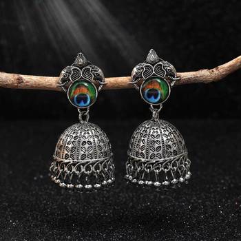 Silver color peacock feather oxidised earrings 1