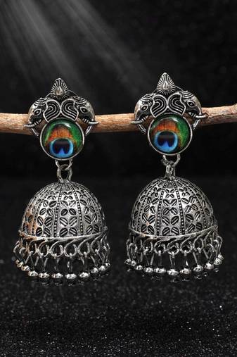 Silver color peacock feather oxidised earrings