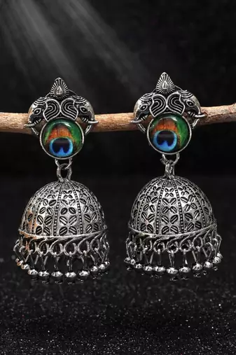 Silver color peacock feather oxidised earrings