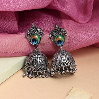 Silver color peacock feather oxidised earrings 2