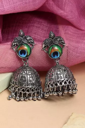 Silver color peacock feather oxidised earrings