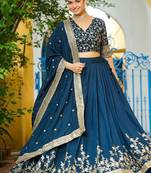 Teal Vichitra Silk With Rich Sequins Embroidery work Blouse and Dupatta