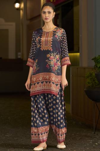 Navy blue pure crepe abstract print festive & party co-ord set