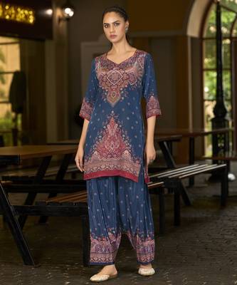 Blue pure crepe abstract print festive & party co-ord set 1