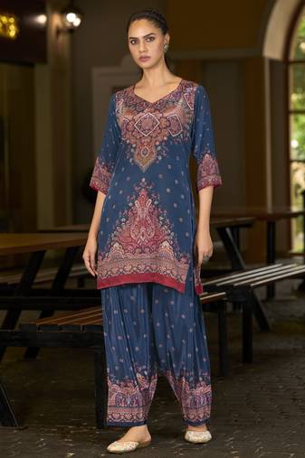 Blue pure crepe abstract print festive & party co-ord set