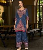 Blue pure crepe abstract print festive & party co-ord set