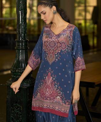 Blue pure crepe abstract print festive & party co-ord set 2