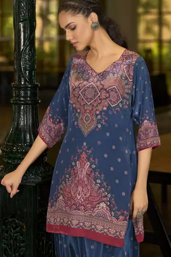 Blue pure crepe abstract print festive & party co-ord set