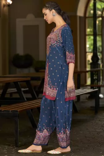 Blue pure crepe abstract print festive & party co-ord set
