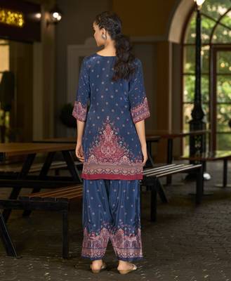 Blue pure crepe abstract print festive & party co-ord set 4