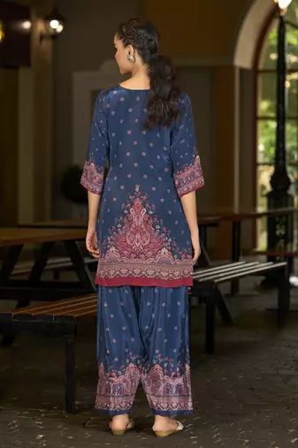 Blue pure crepe abstract print festive & party co-ord set