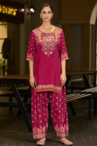 Fuchsia pink pure crepe abstract print festive & party co-ord set