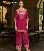 Fuchsia pink pure crepe abstract print festive & party co-ord set