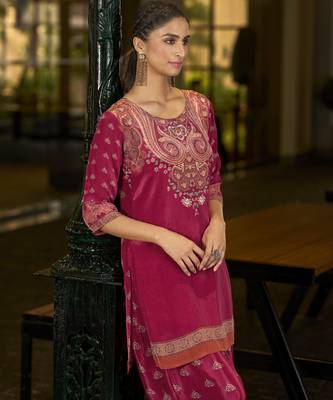 Fuchsia pink pure crepe abstract print festive & party co-ord set 2