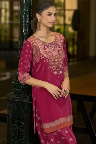 Fuchsia pink pure crepe abstract print festive & party co-ord set