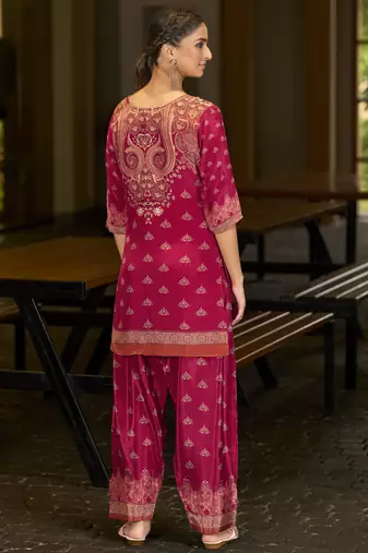 Fuchsia pink pure crepe abstract print festive & party co-ord set