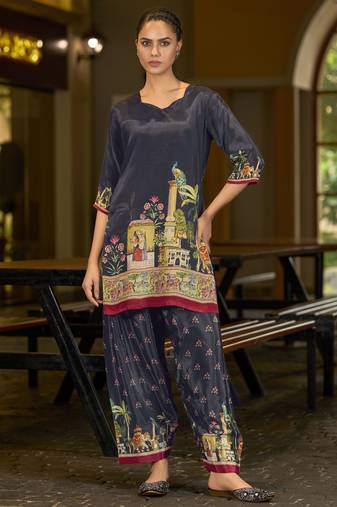Black pure crepe abstract print festive & party co-ord set