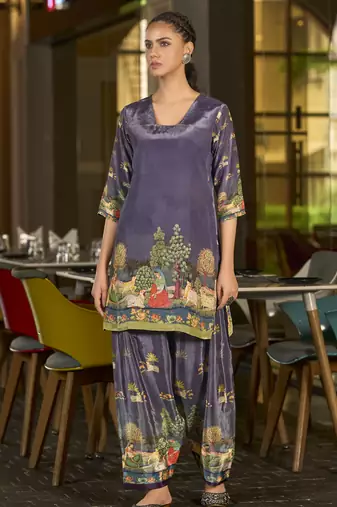 Purple pure crepe abstract print festive & party co-ord set