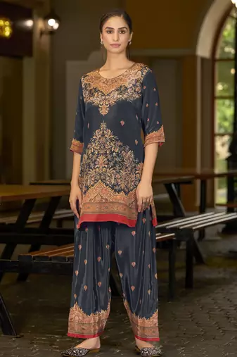 Blue pure crepe abstract print festive & party co-ord set