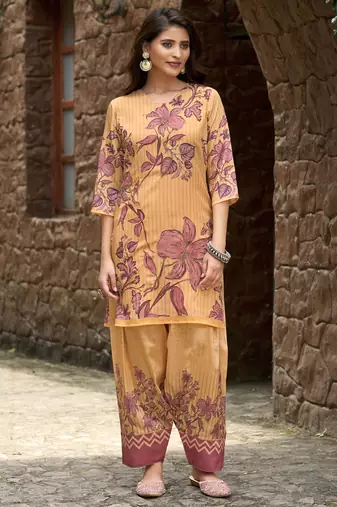 Mustard chinon chiffon floral printed embellished festive & party co-ord set