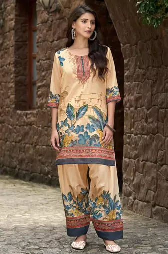 Beige chinon chiffon floral printed embellished festive & party co-ord set