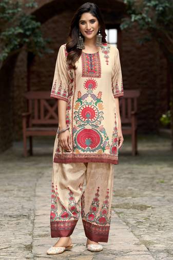 Beige chinon chiffon geometric printed embellished festive & party co-ord set